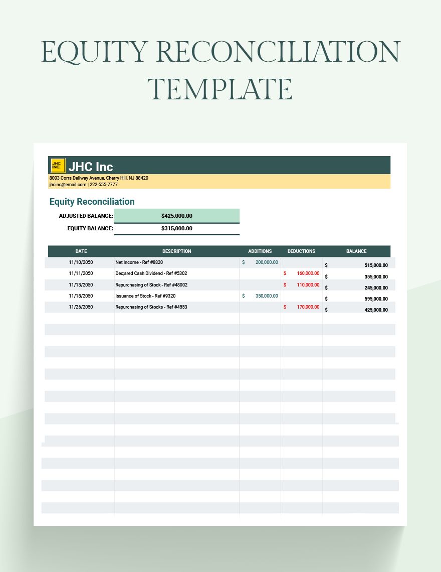 Equity Reconciliation Template Google Sheets, Excel