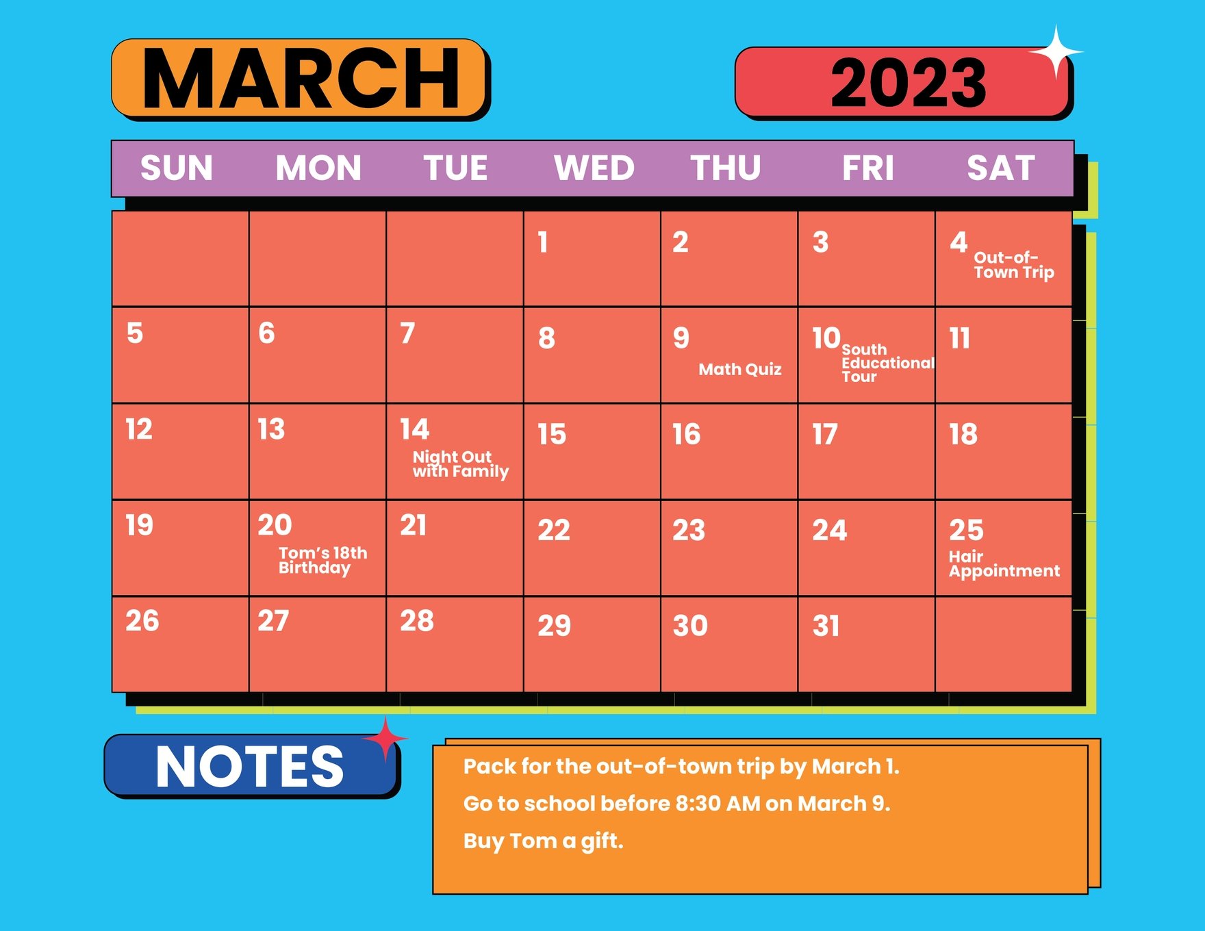 March 2023 Monthly Calendar Template