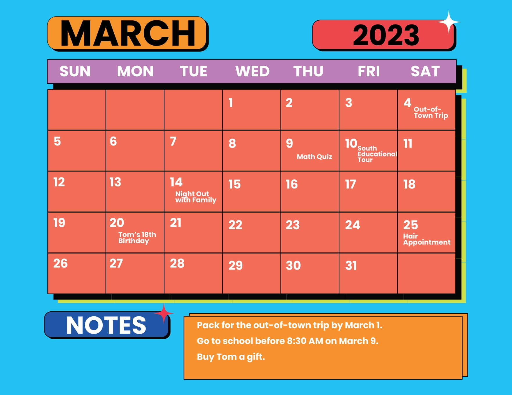 March 2023 Monthly Calendar Template in Word, Google Docs, Illustrator, PSD