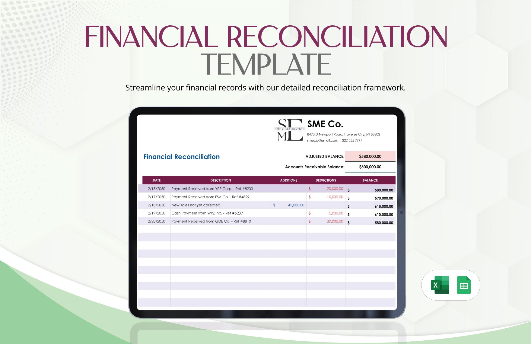 Financial Reconciliation Template in Excel, Google Sheets