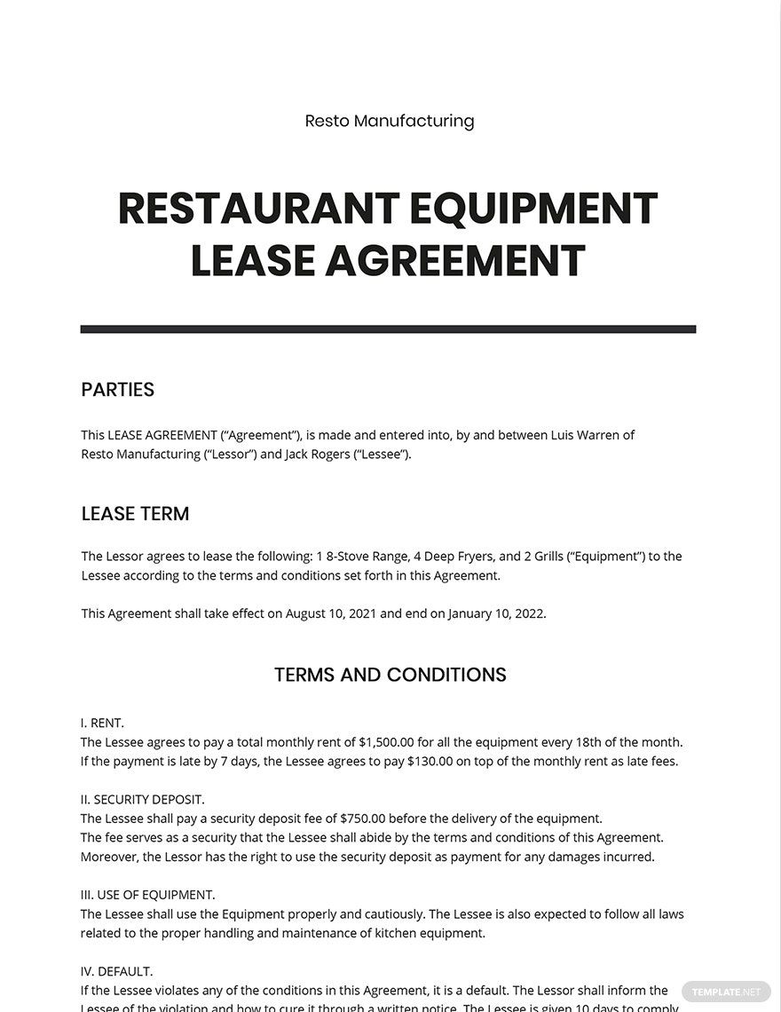 Restaurant Equipment Lease Agreement Template