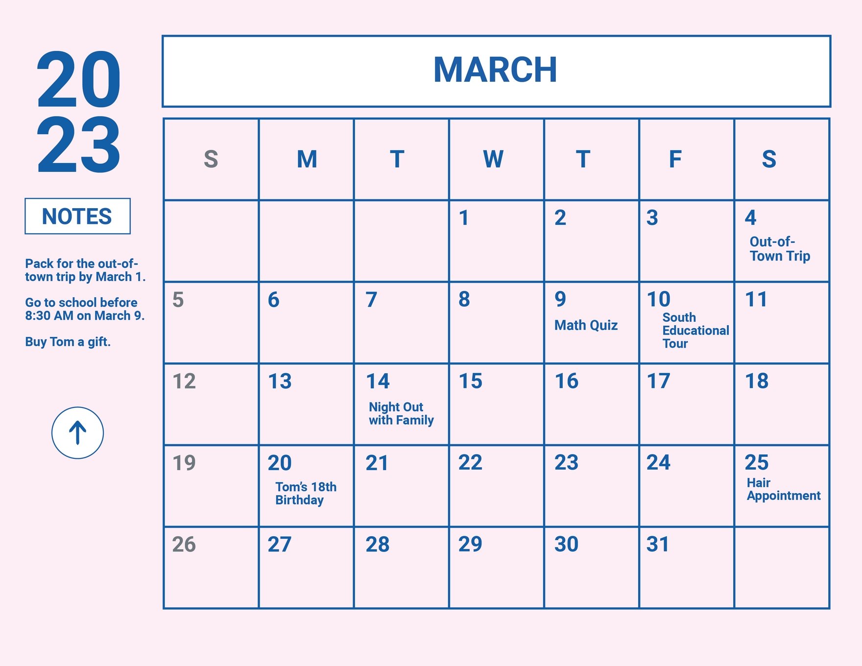 Pink March 2023 Calendar