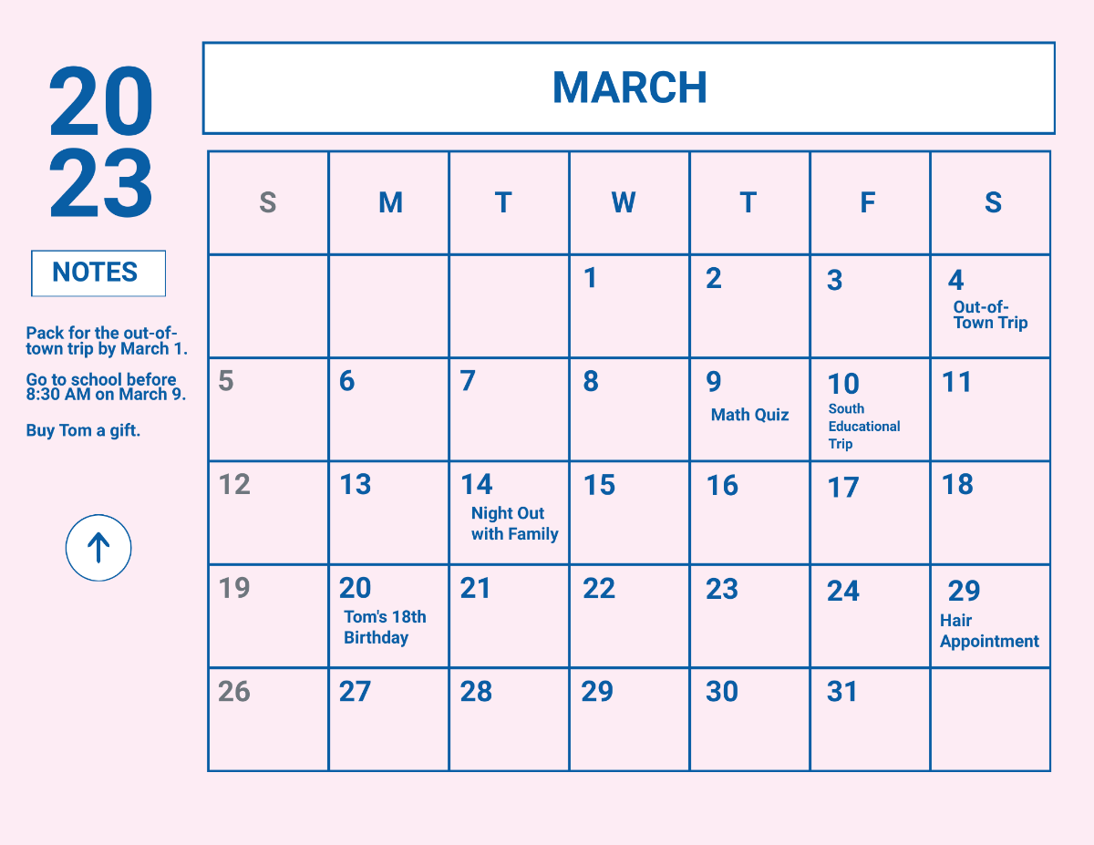 Pink March 2023 Calendar Template