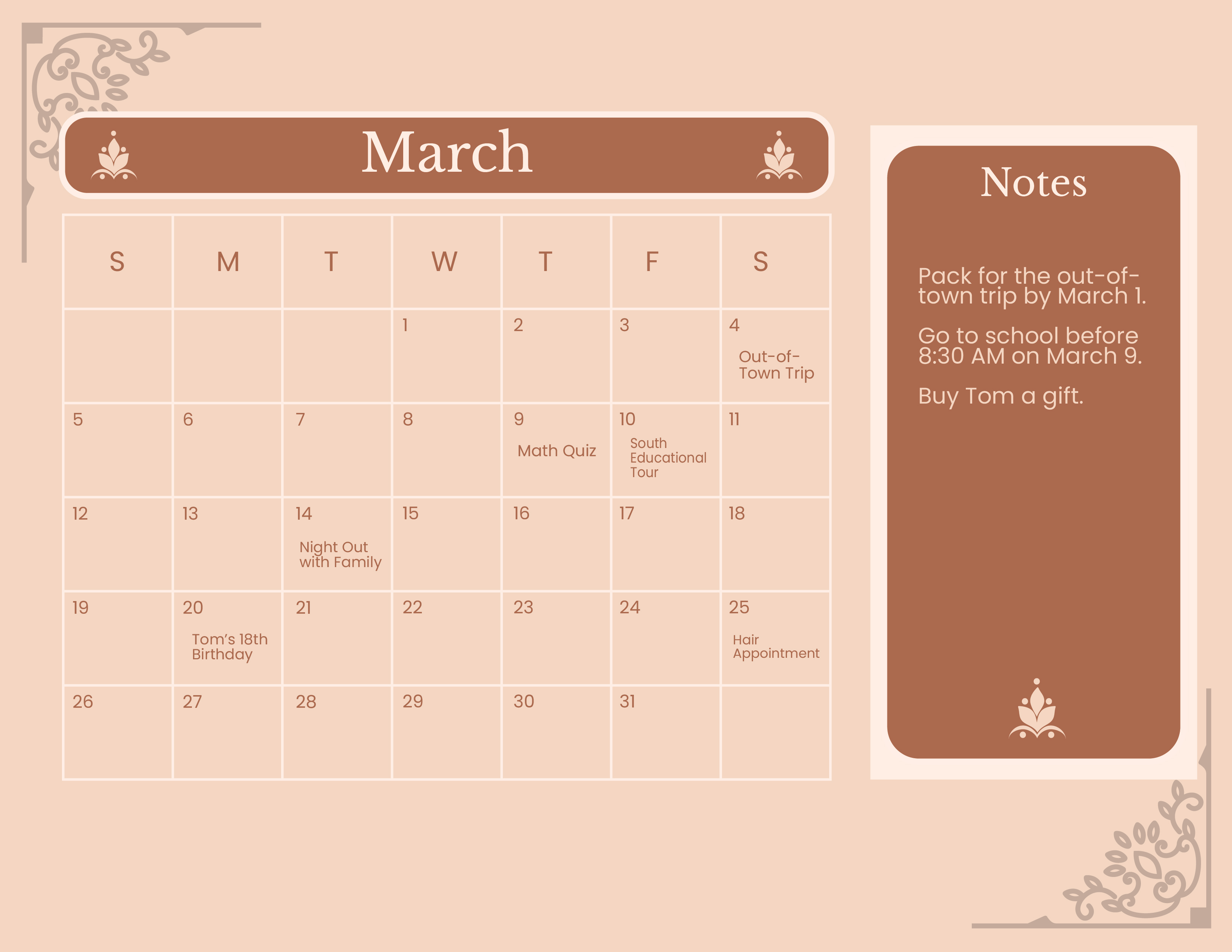 Calligraphy March 2024 Calendar Download in Word, Illustrator, EPS