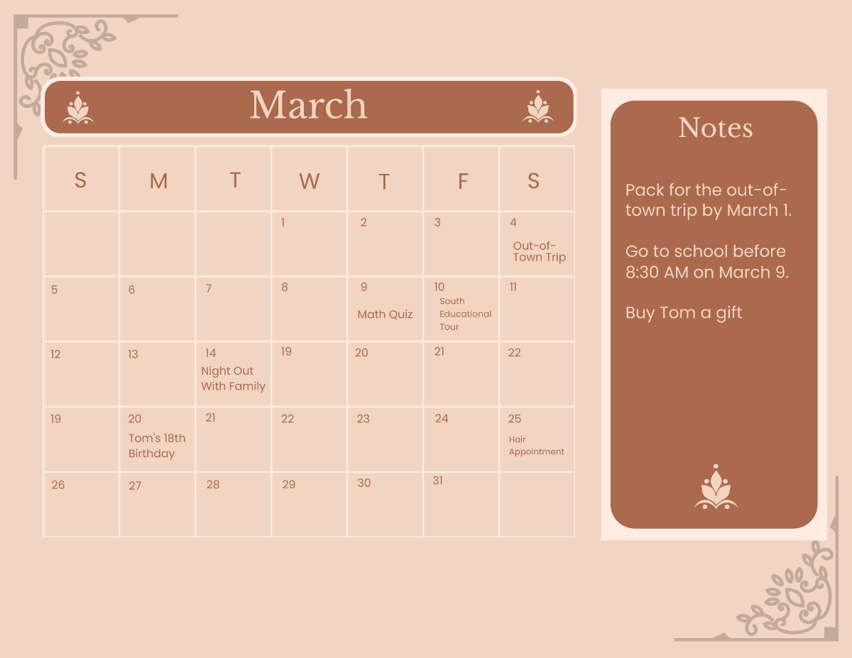 Calligraphy March 2023 Calendar Template