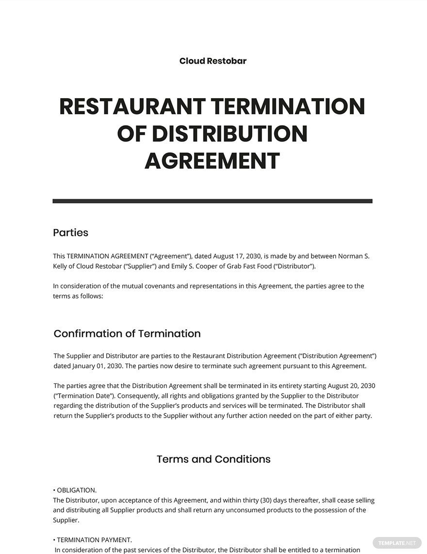 Restaurant Termination of Distribution Agreement Template