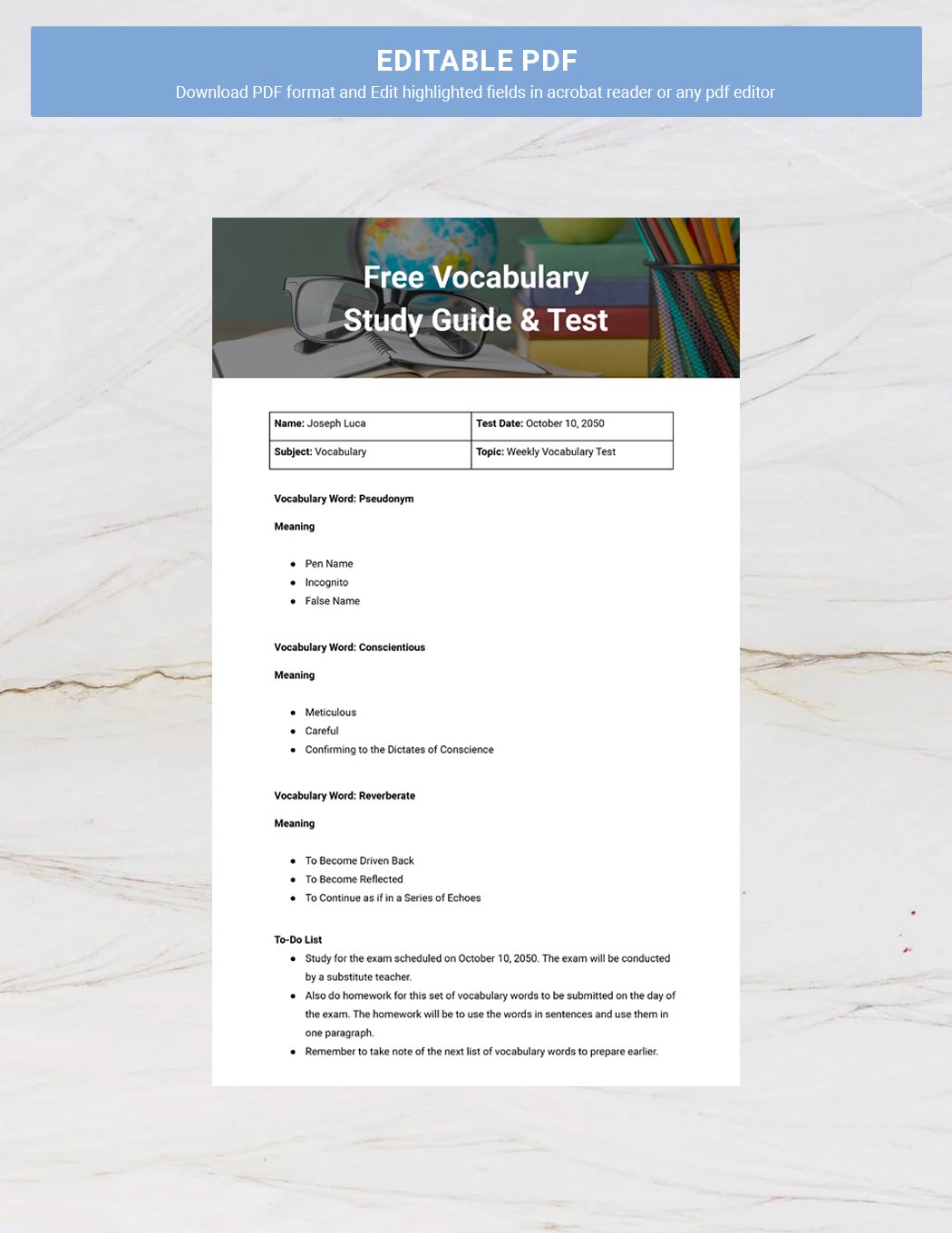 Vocabulary Study Guide & Test Template