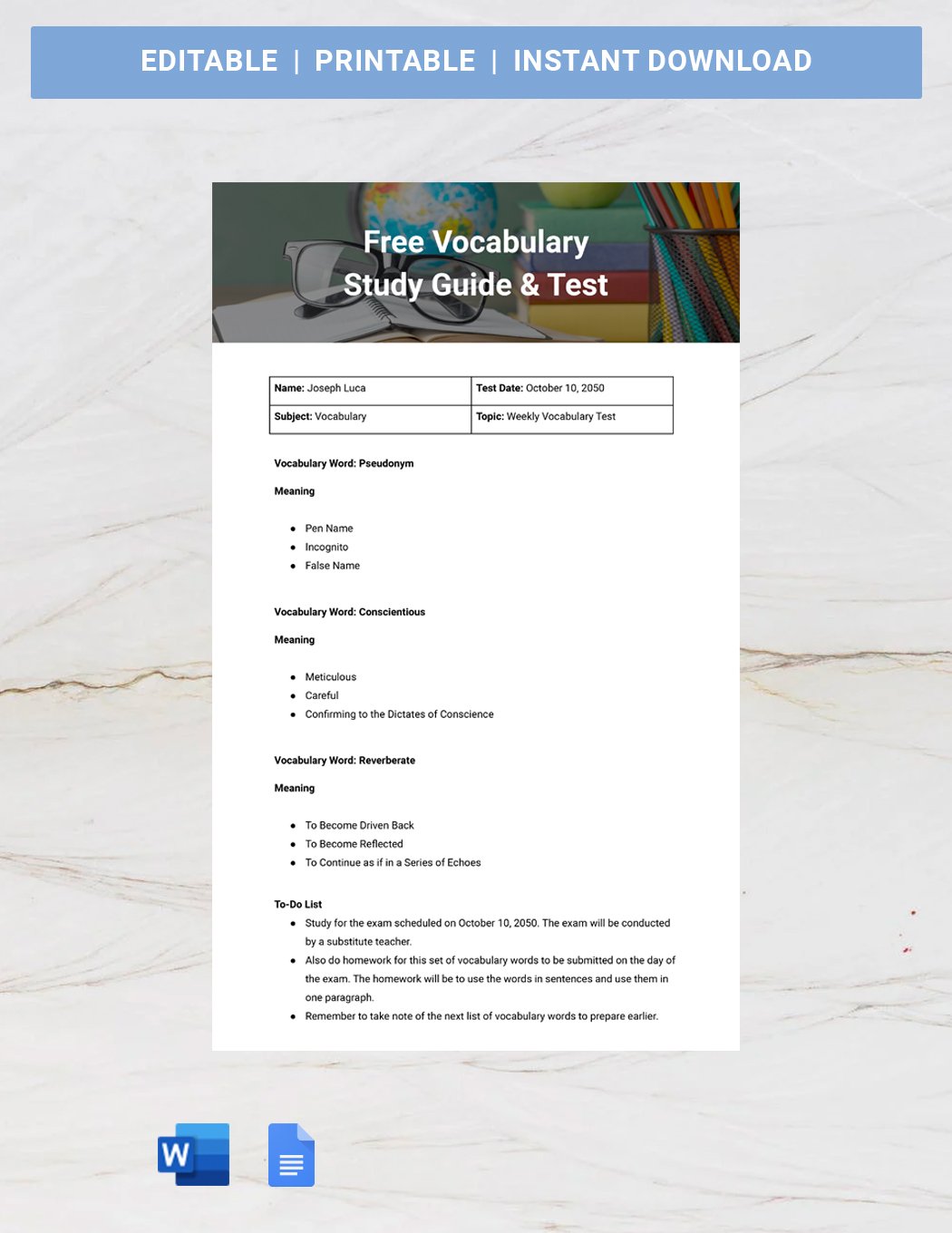Vocabulary Study Guide & Test Template