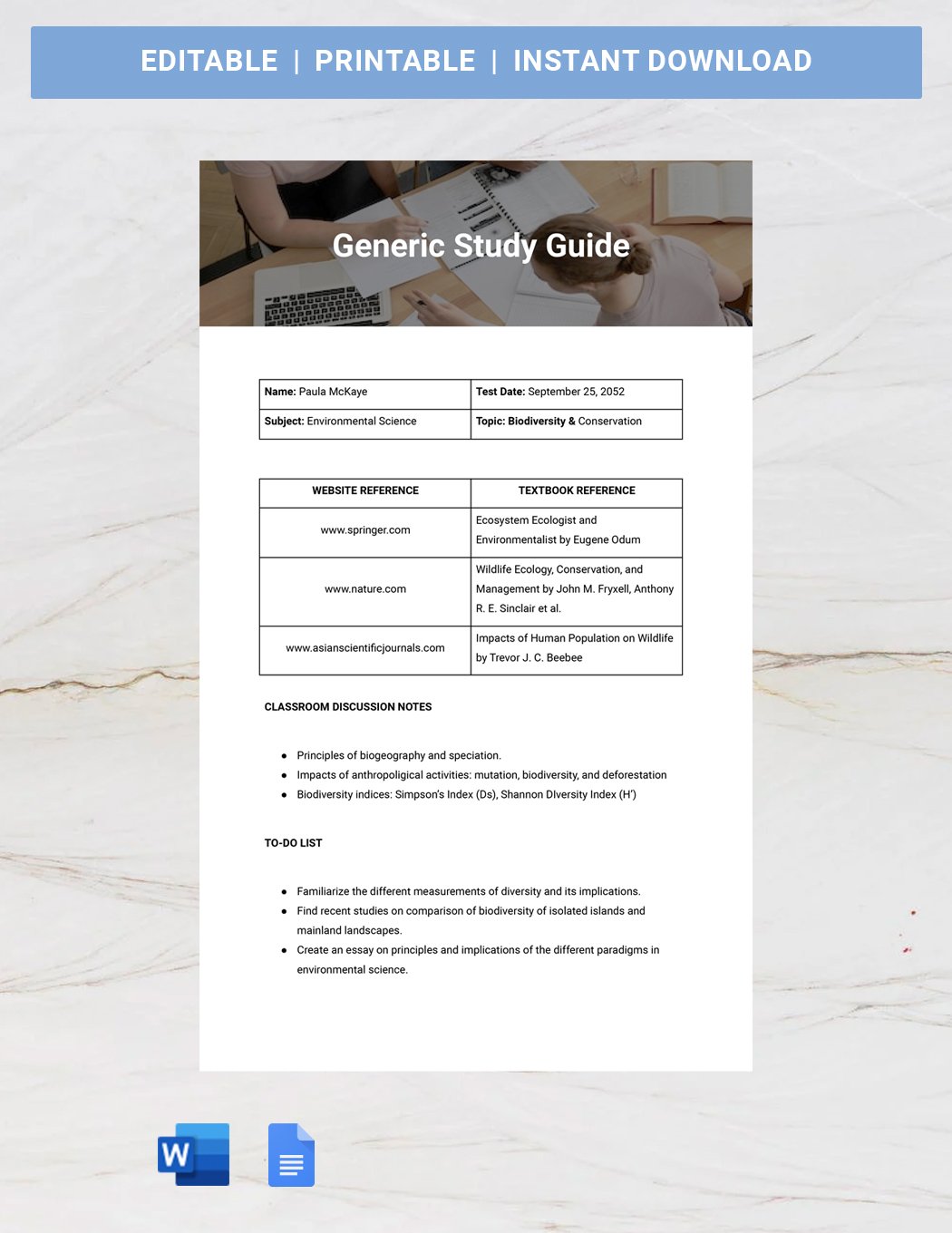 Free Generic Study Guide Template