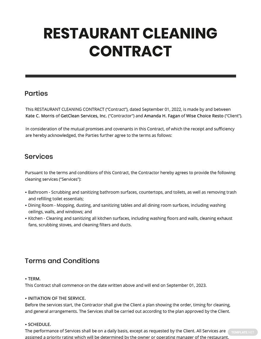 Restaurant Cleaning Contract Template