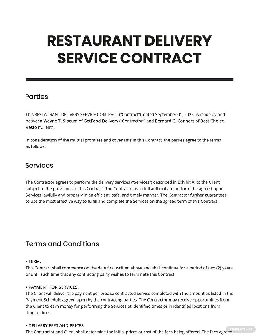 Restaurant Delivery Service Contract Template