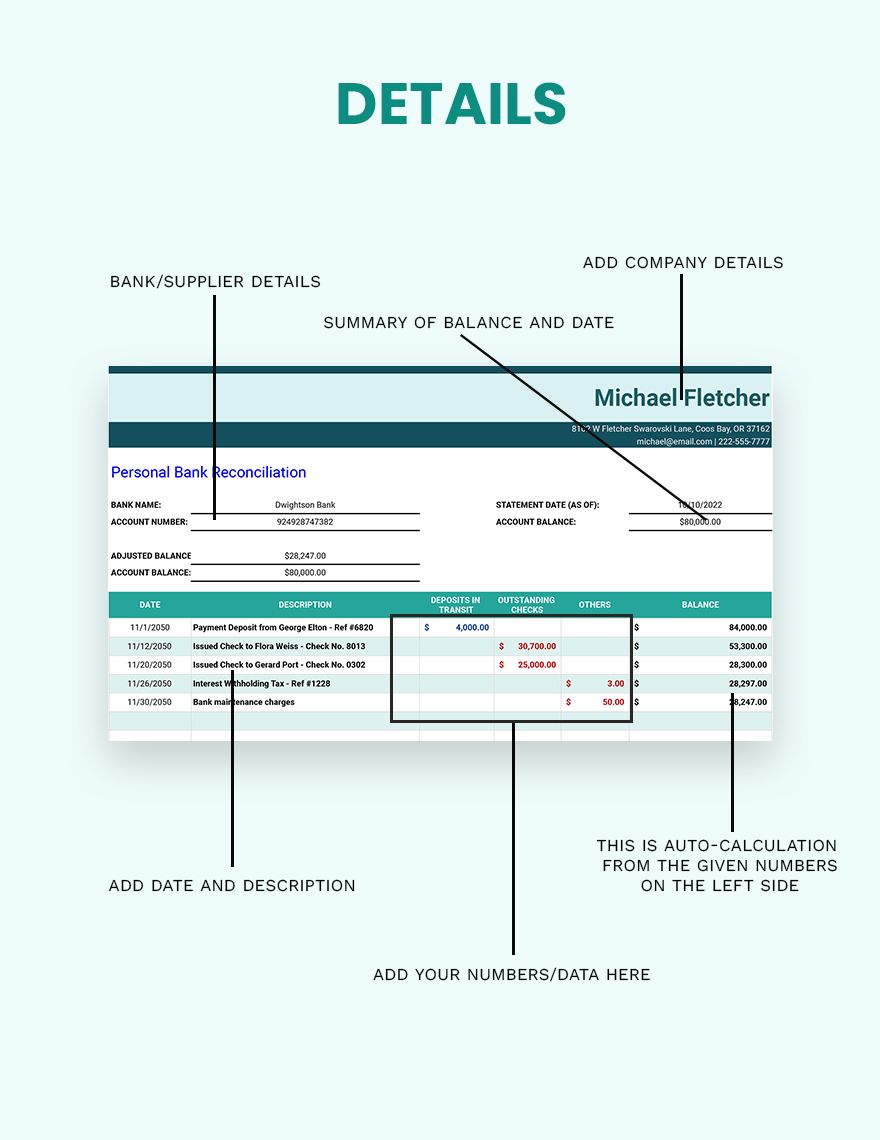 Personal Bank Reconciliation Template - Google Sheets, Excel | Template.net