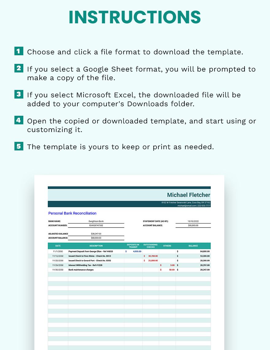 Personal Bank Reconciliation Template - Google Sheets, Excel | Template.net