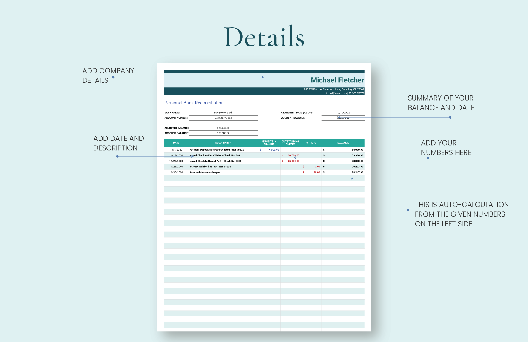 Personal Bank Reconciliation Template - Google Sheets, Excel | Template.net