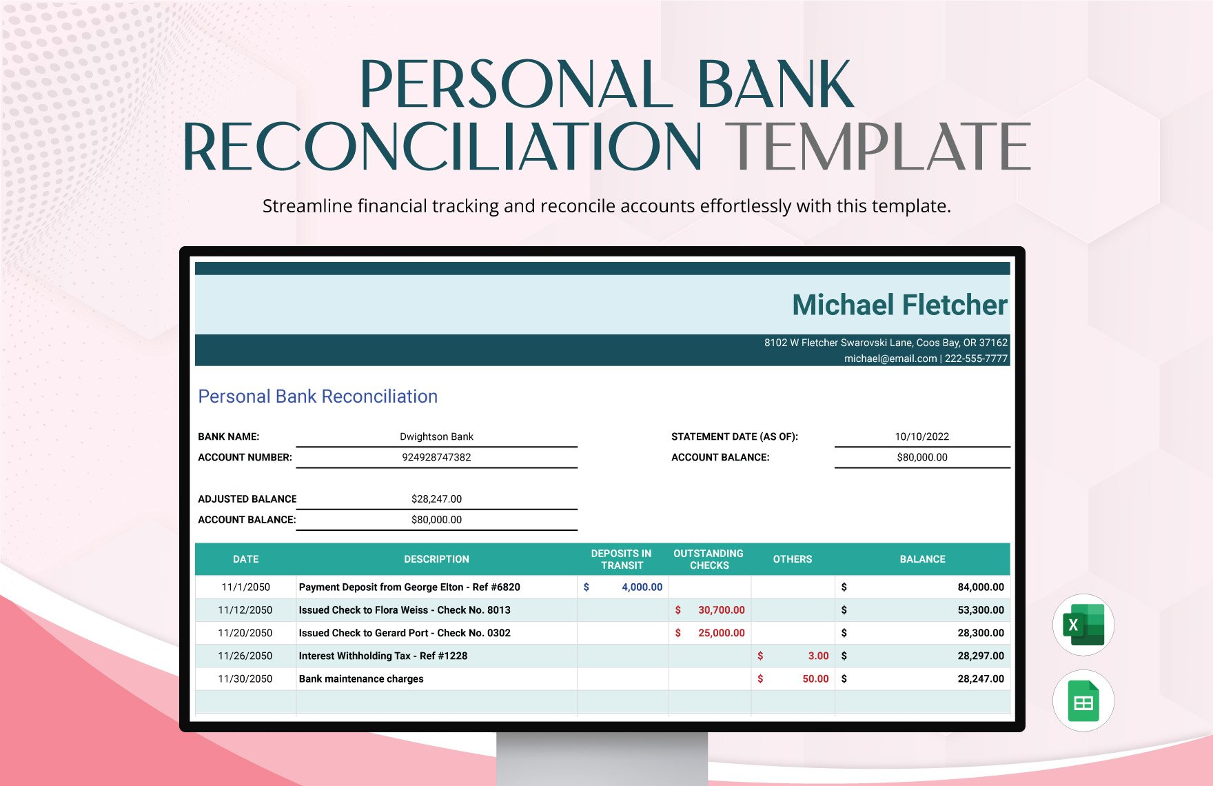 Personal Bank Reconciliation Template in Excel, Google Sheets