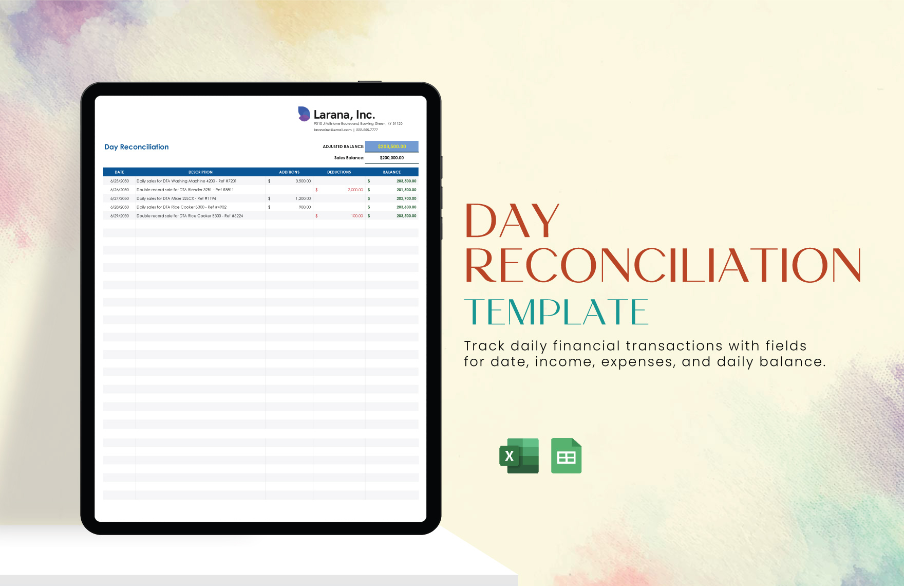 Day Reconciliation Template in Excel, Google Sheets