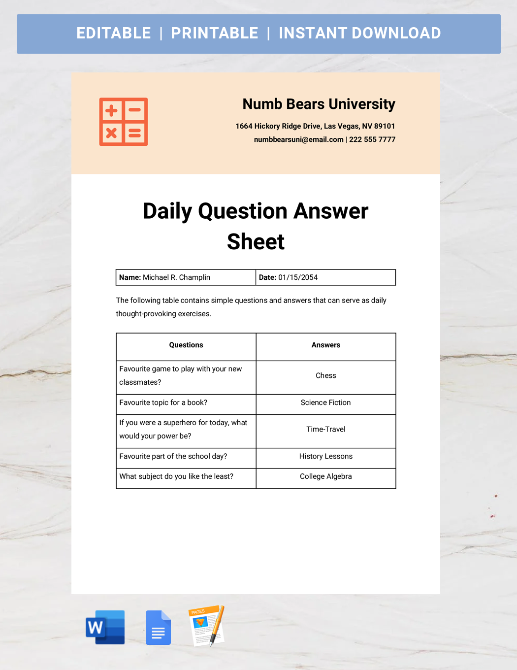 Daily Question Answer Sheet Template Google Docs, Word, Apple Pages