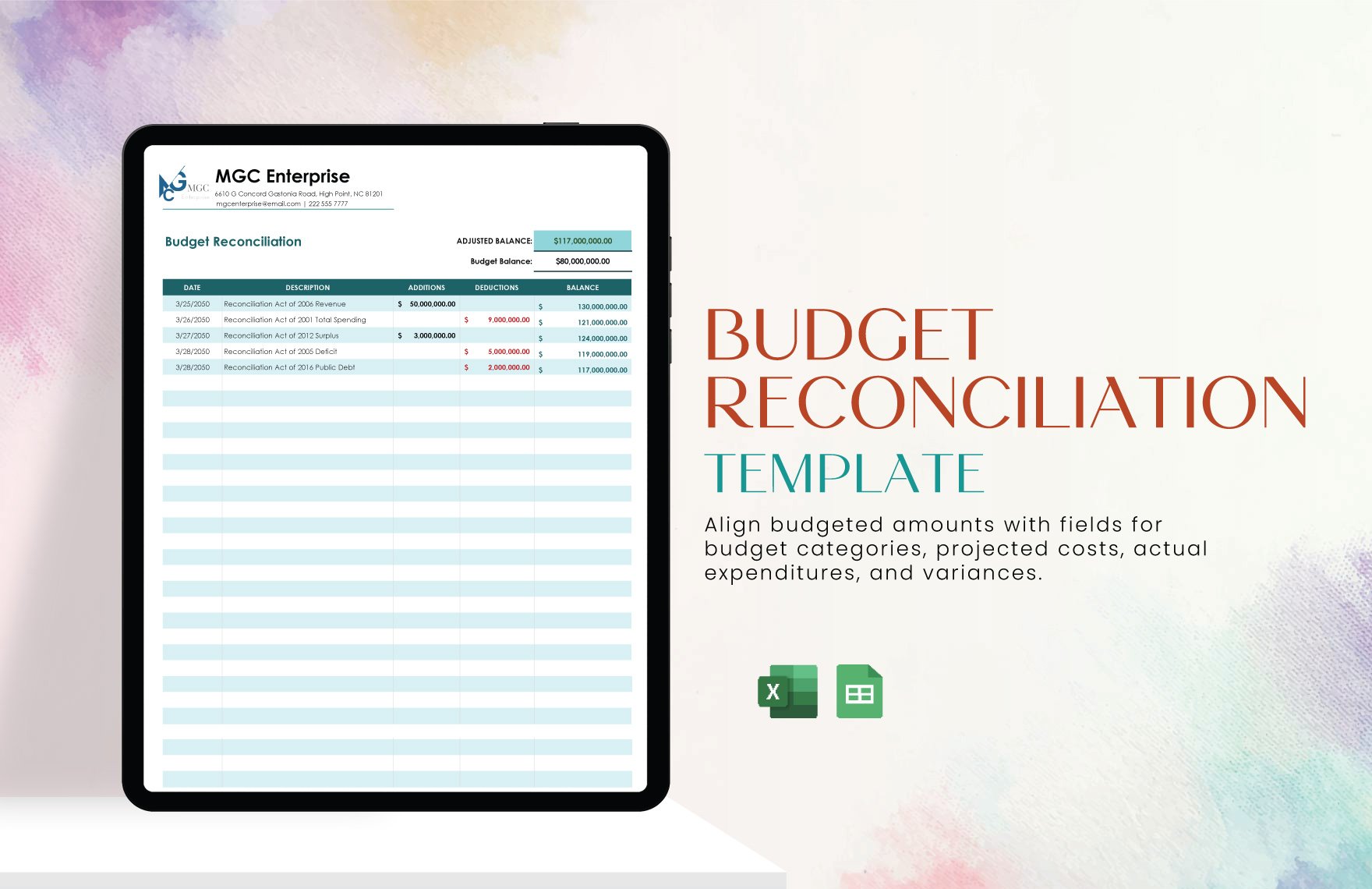 Budget Reconciliation Template in Excel, Google Sheets