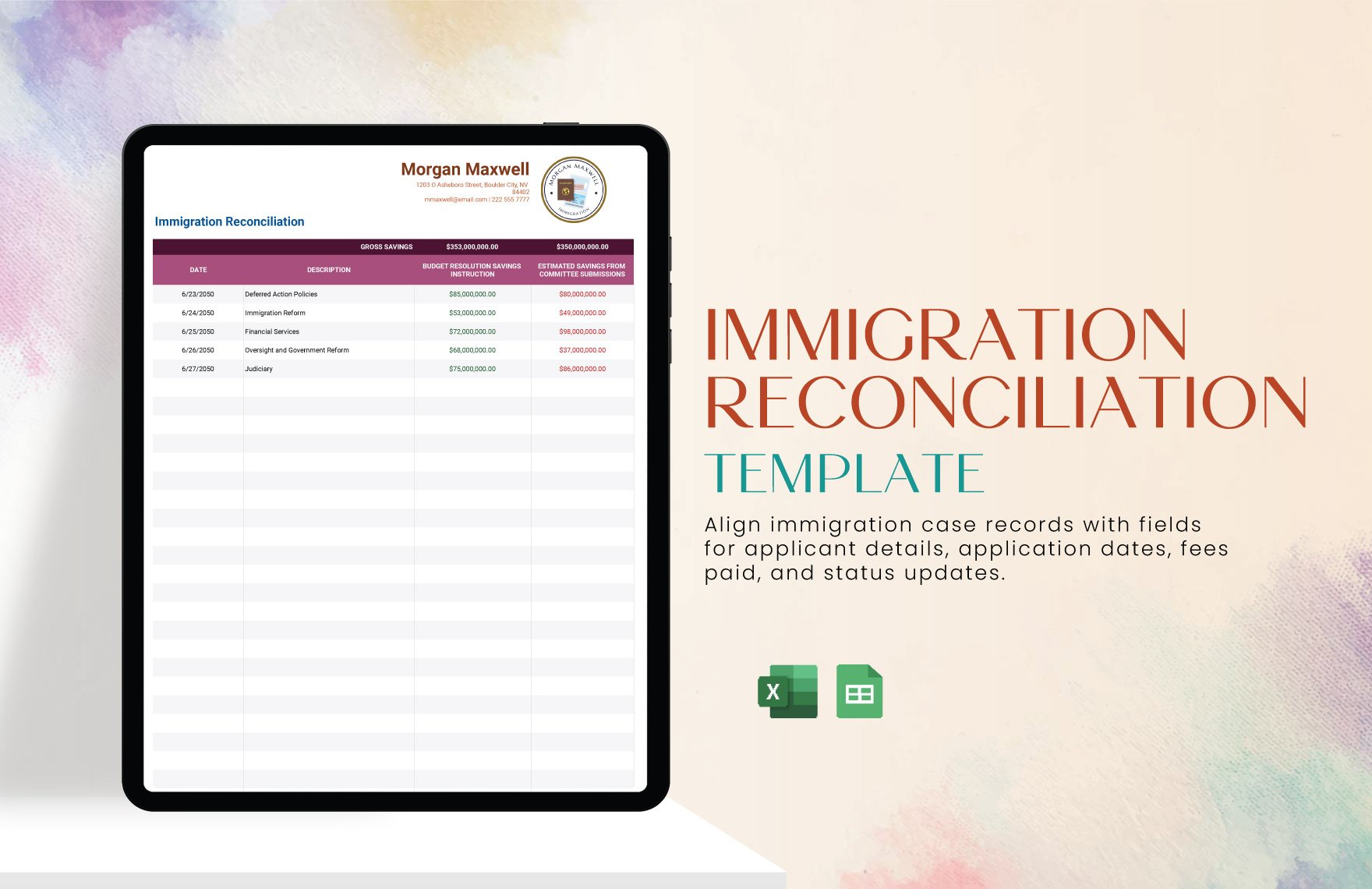 Immigration Reconciliation Template in Excel, Google Sheets