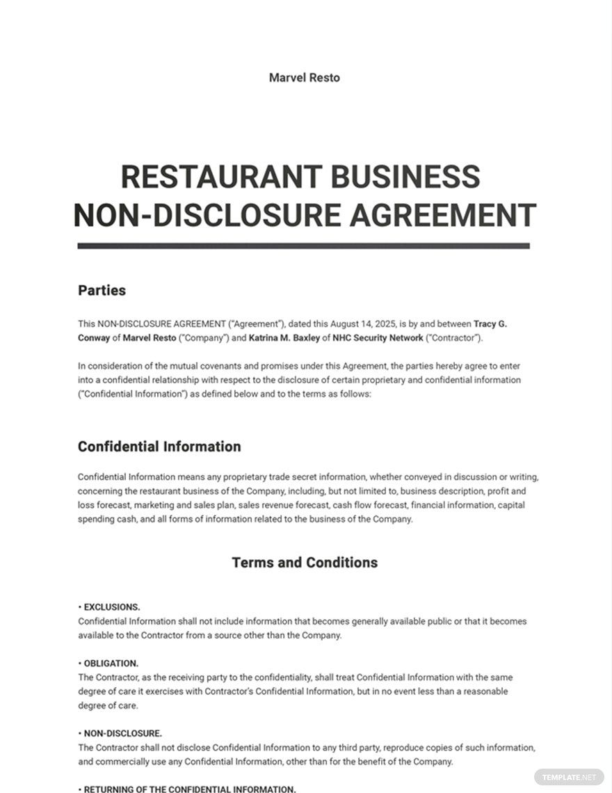 Restaurant Business Non Disclosure Agreement Template