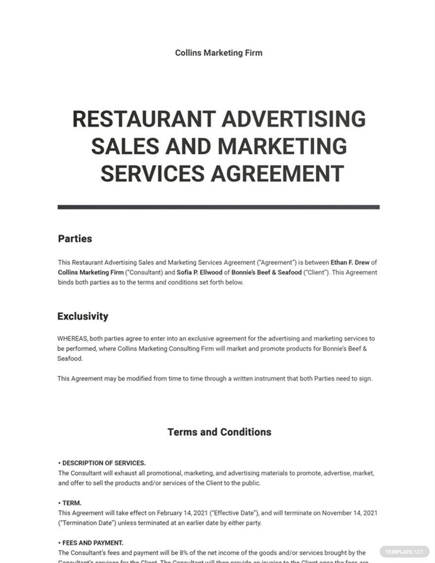 Restaurant Advertising Sales and Marketing Services Agreement Template