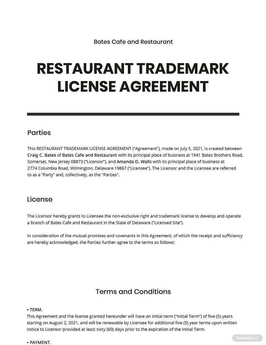 Restaurant Trademark License Agreement Template Google Docs, Word
