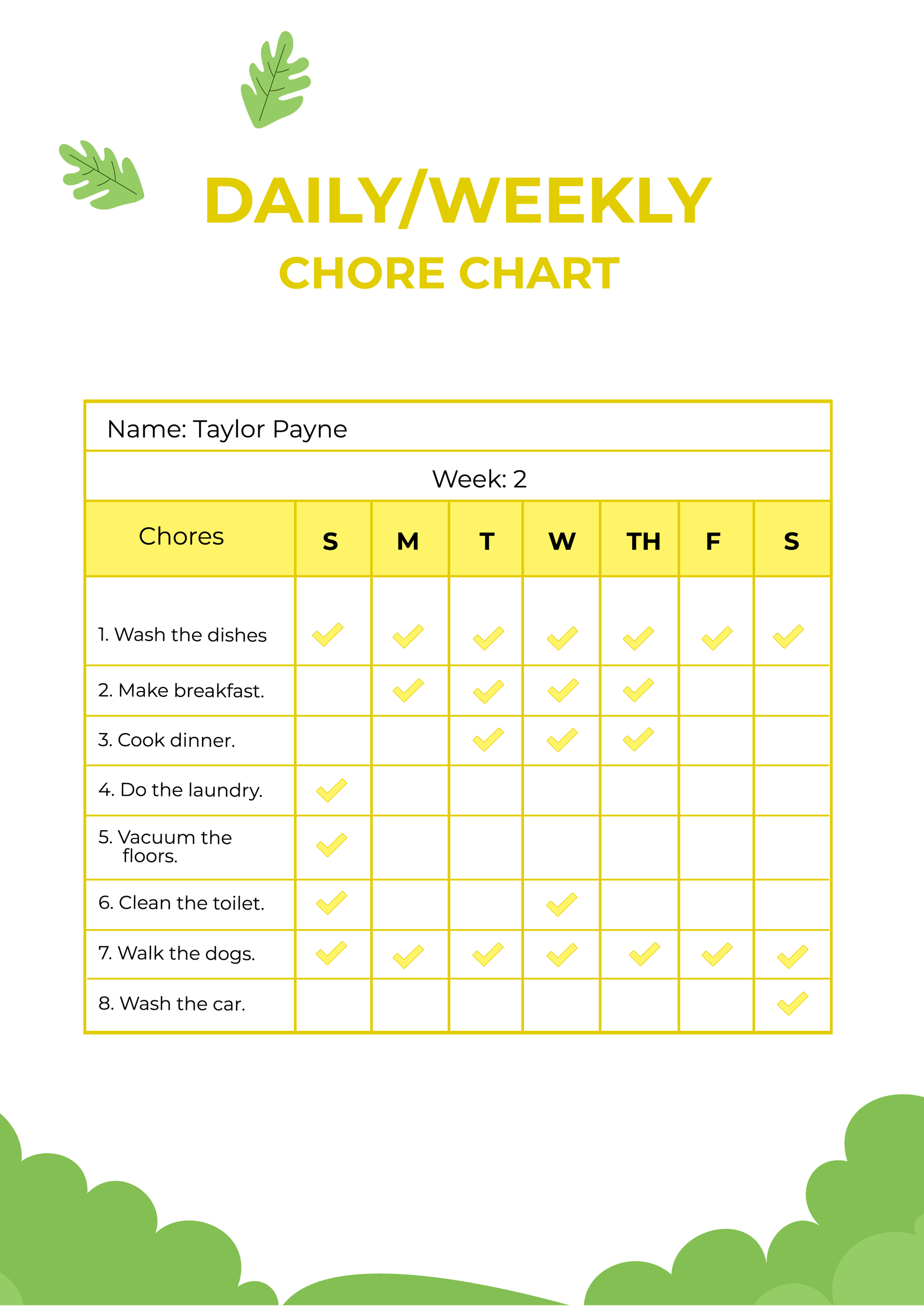 Weekly Chore Chart Chore Chart Template Daily Chore Charts Chore Chart ...