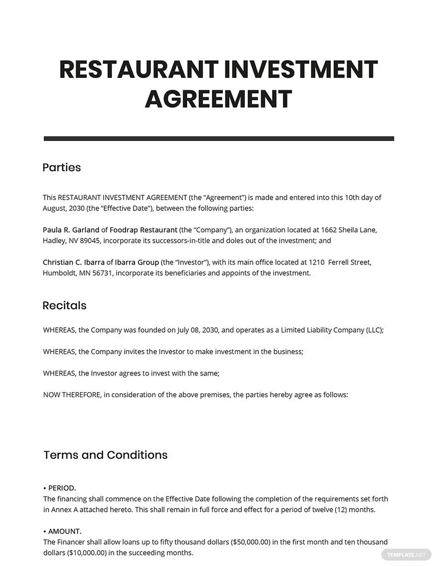 Restaurant Investment Agreement Template - Google Docs, Word, Apple ...