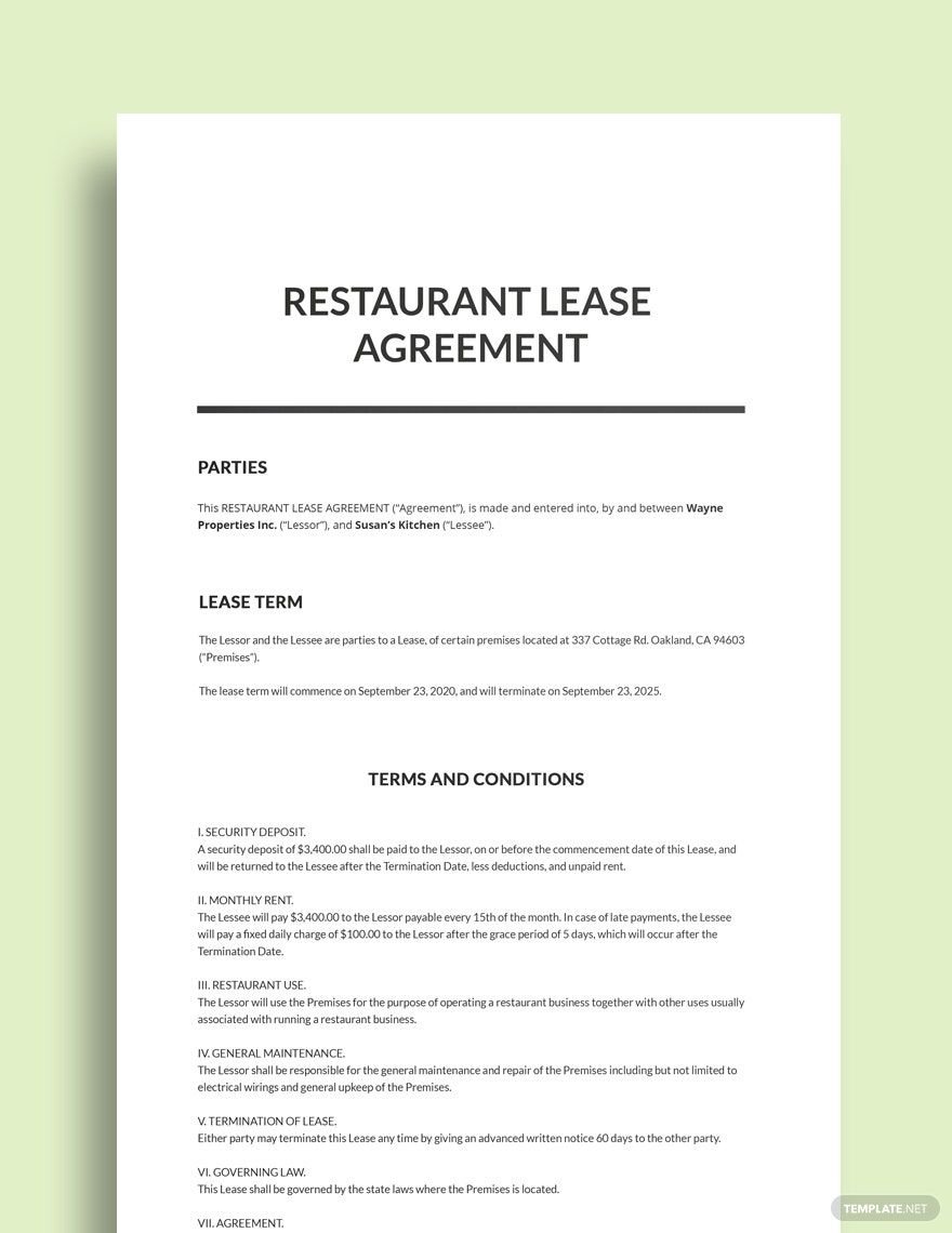 Restaurant Lease Agreement Template