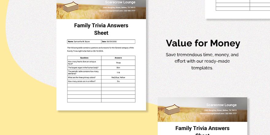 Family Trivia Answers Sheet Template