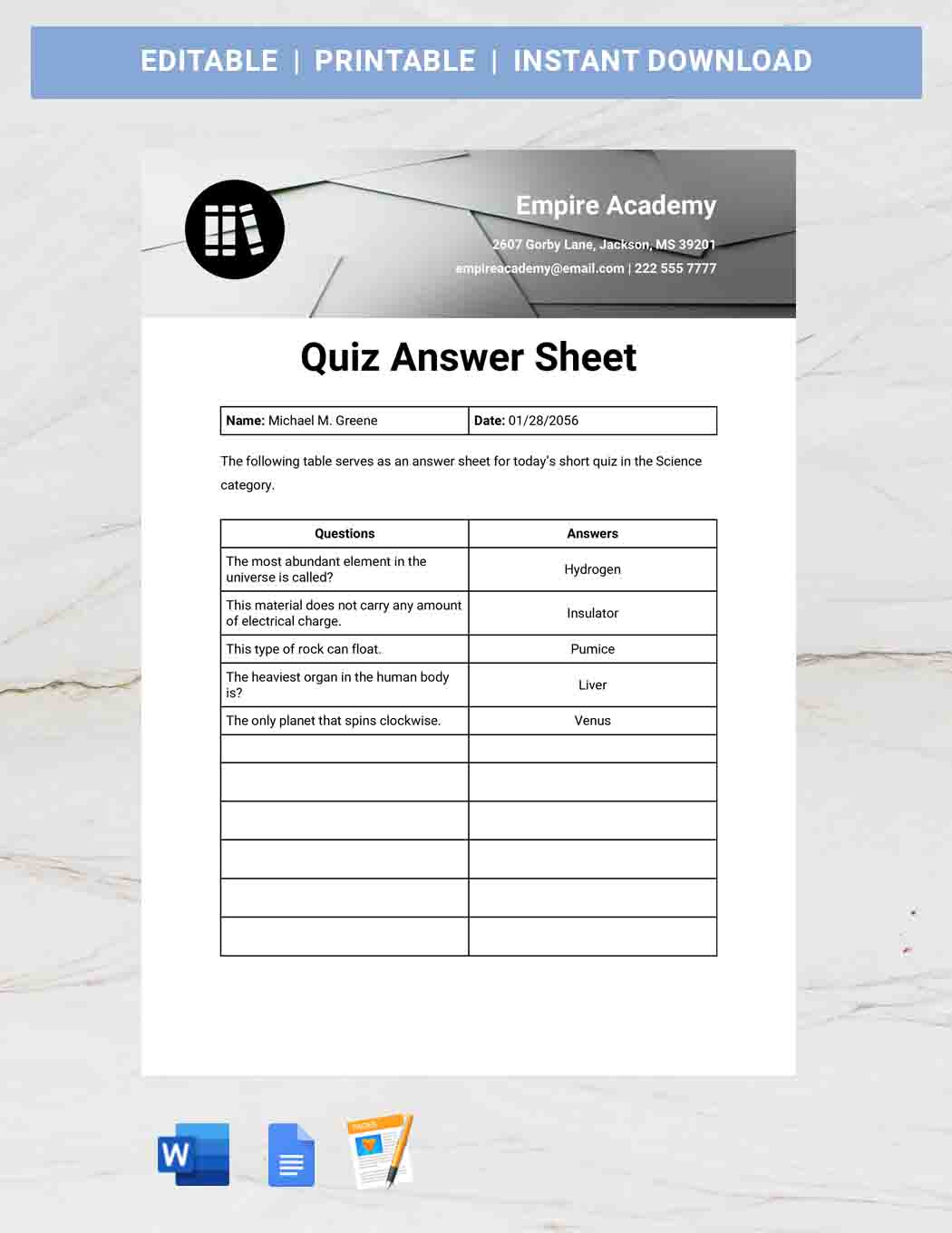 Quiz Answer Sheet Template Google Docs Word Apple Pages Template