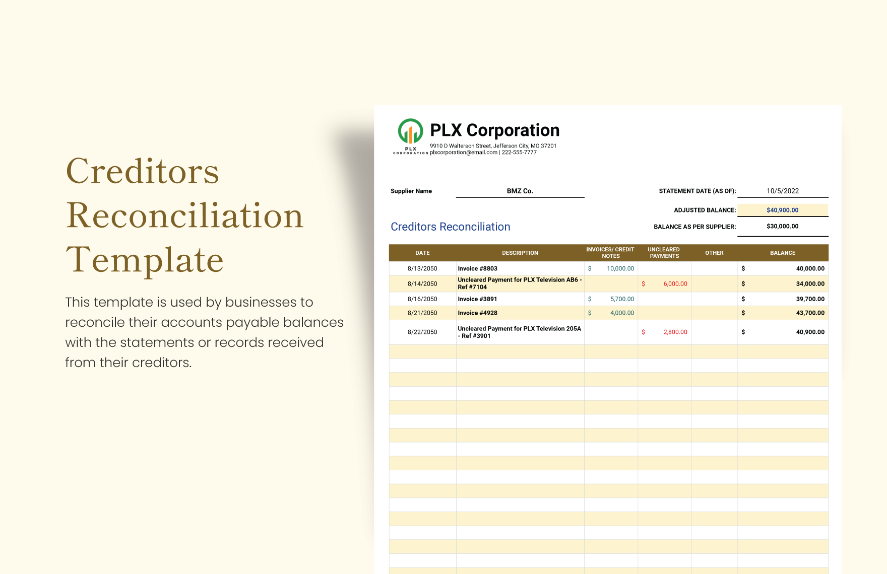 Creditors Reconciliation Template