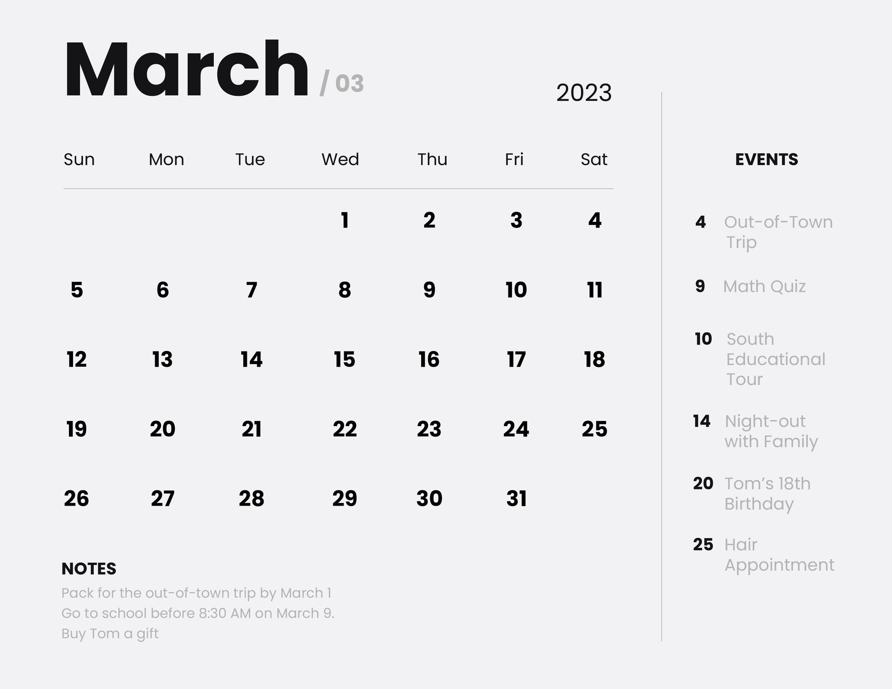 Free Simple March 2023 Calendar Template