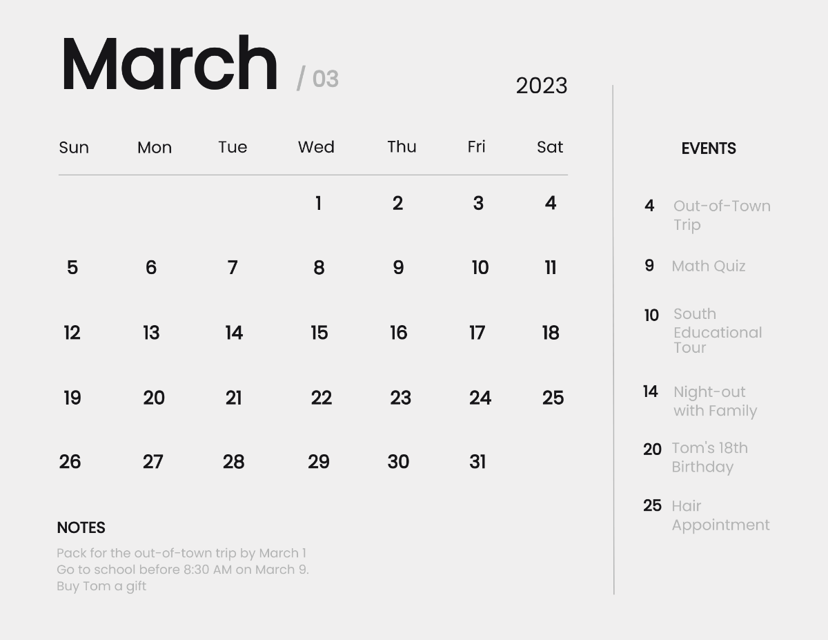Simple March 2023 Calendar Template