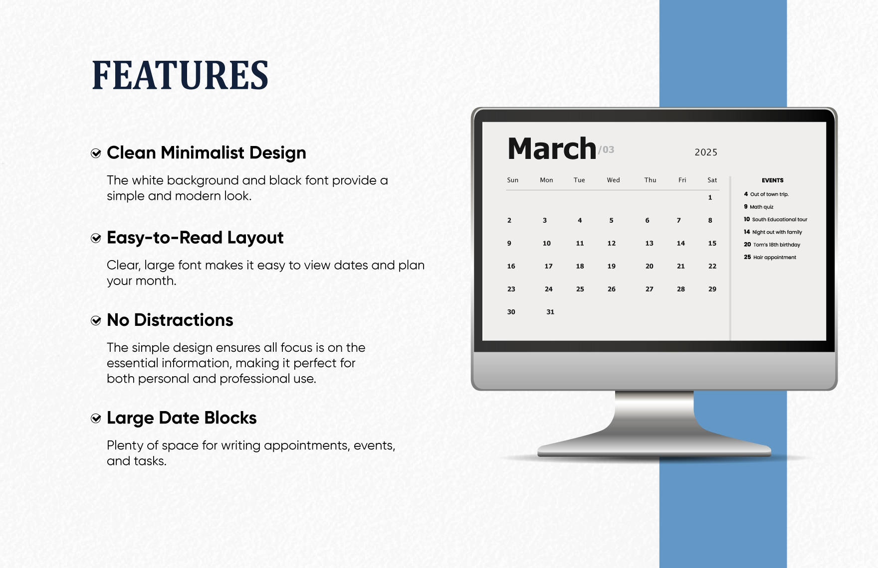 Simple March 2025 Calendar Template