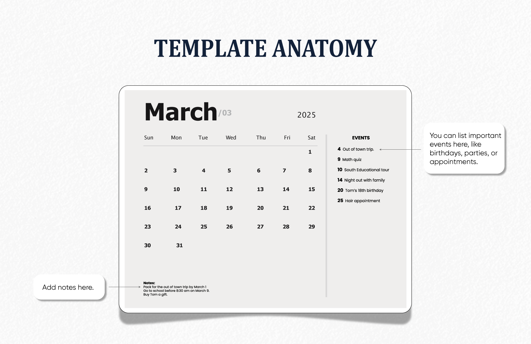 Simple March 2025 Calendar Template