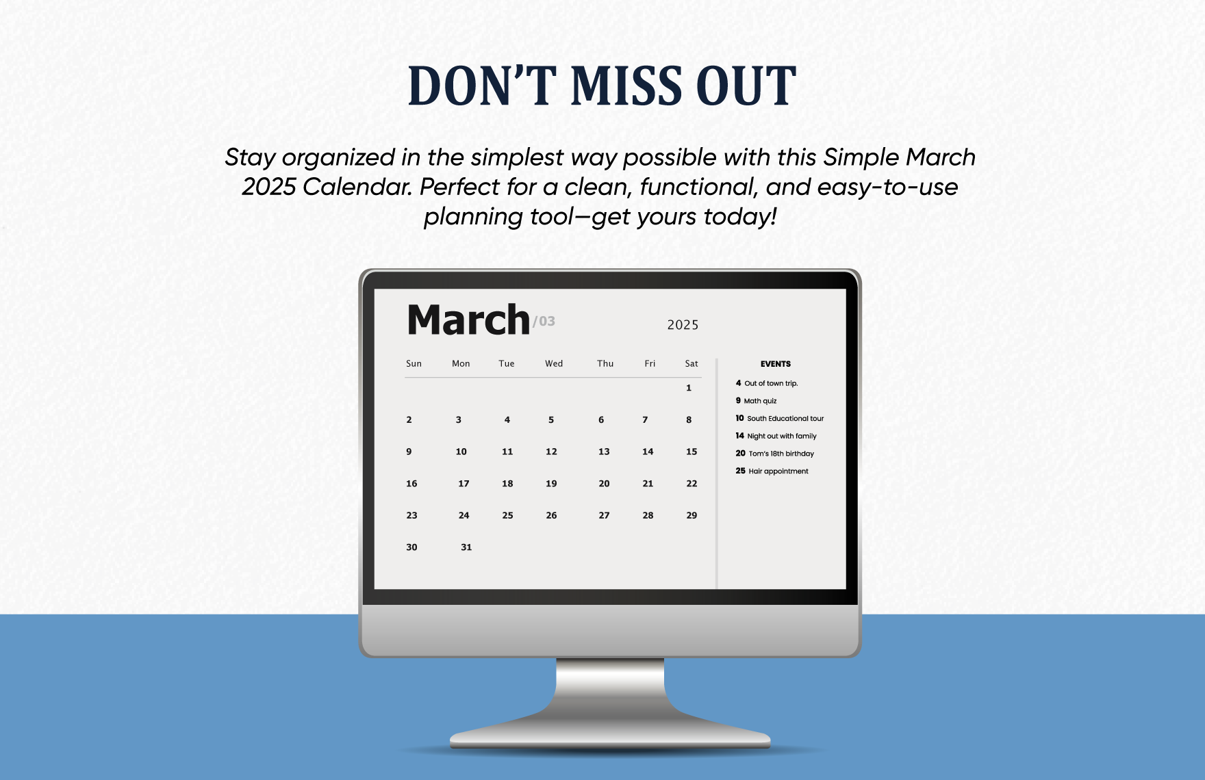 Simple March 2025 Calendar Template