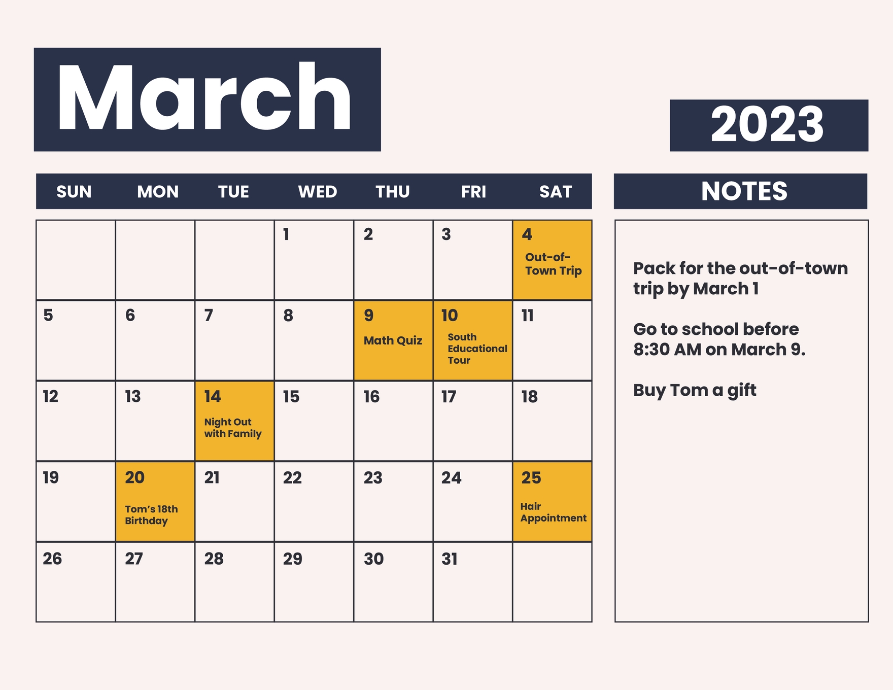 Printable March 2023 Monthly Calendar Template in Word, Google Docs, Illustrator, PSD