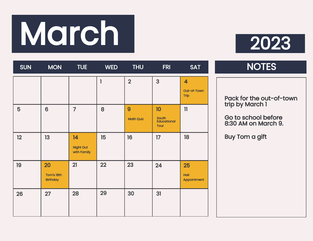 Printable March 2023 Monthly Calendar Template