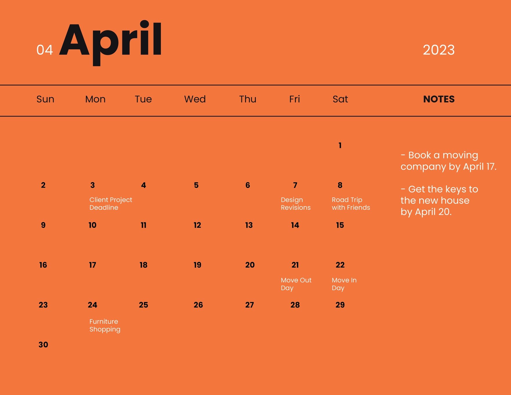Printable April 2023 Calendar Template