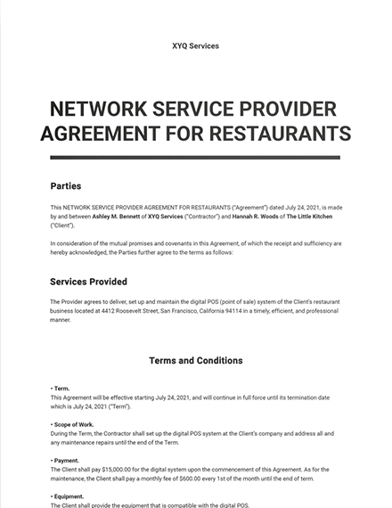 Agreement with Provider of Restaurant Network Services Sample