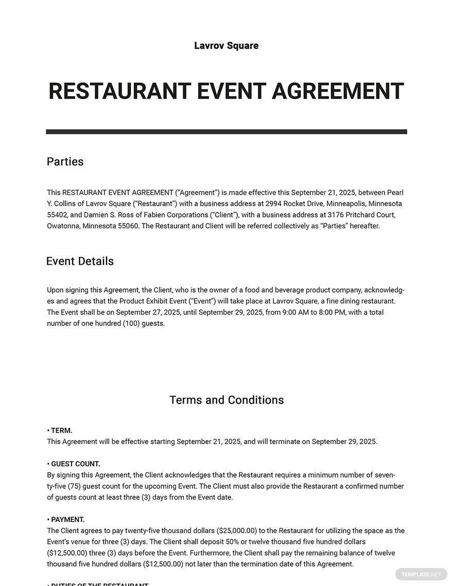 Restaurant Event Agreement Template