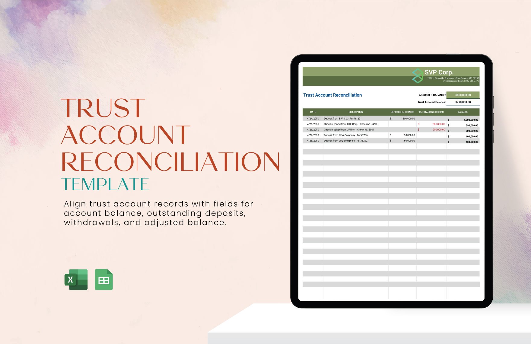 Trust Account Reconciliation Template in Excel, Google Sheets