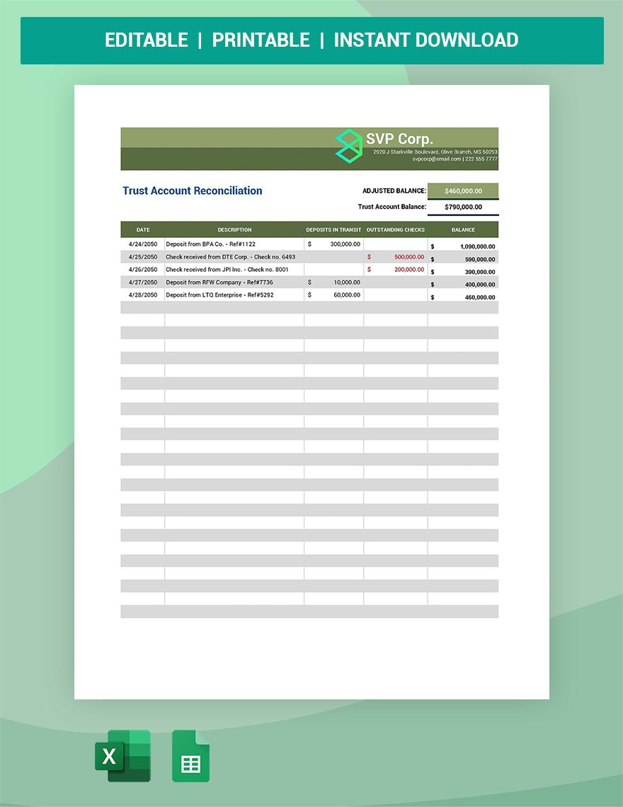 Trust Account Reconciliation Template Google Sheets, Excel