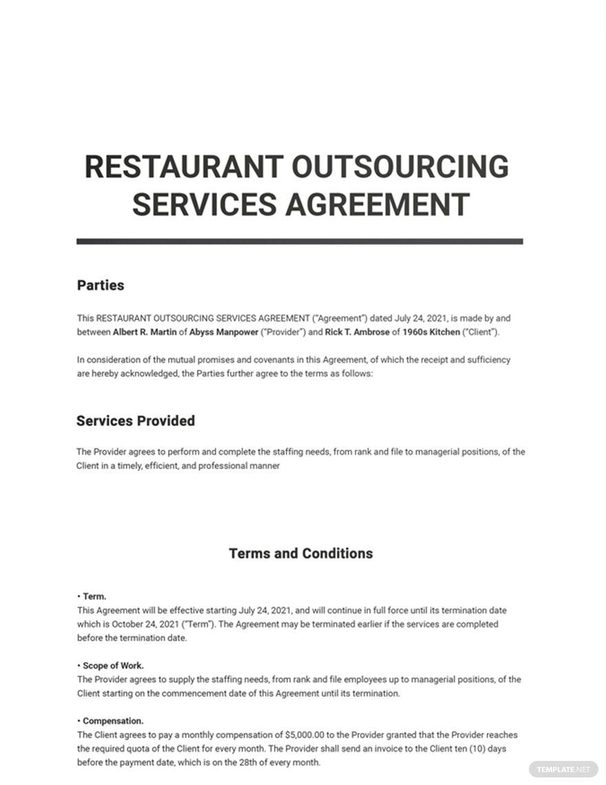 Restaurant Outsourcing Services Agreement Template