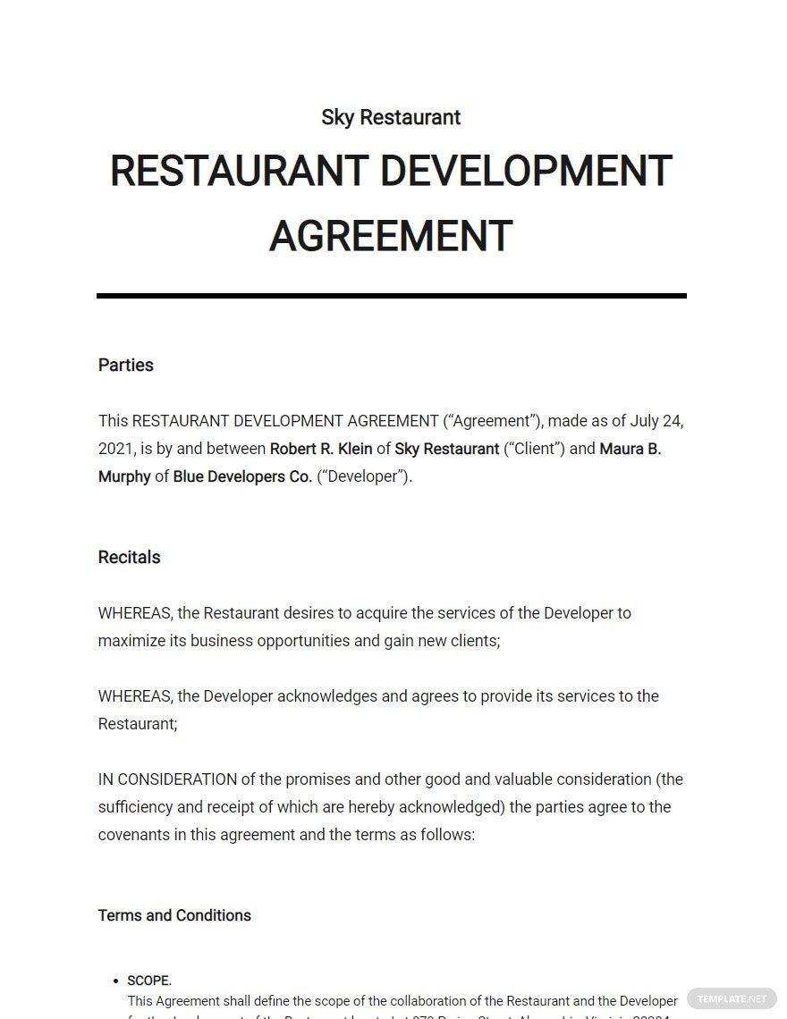 Restaurant Development Agreement Template