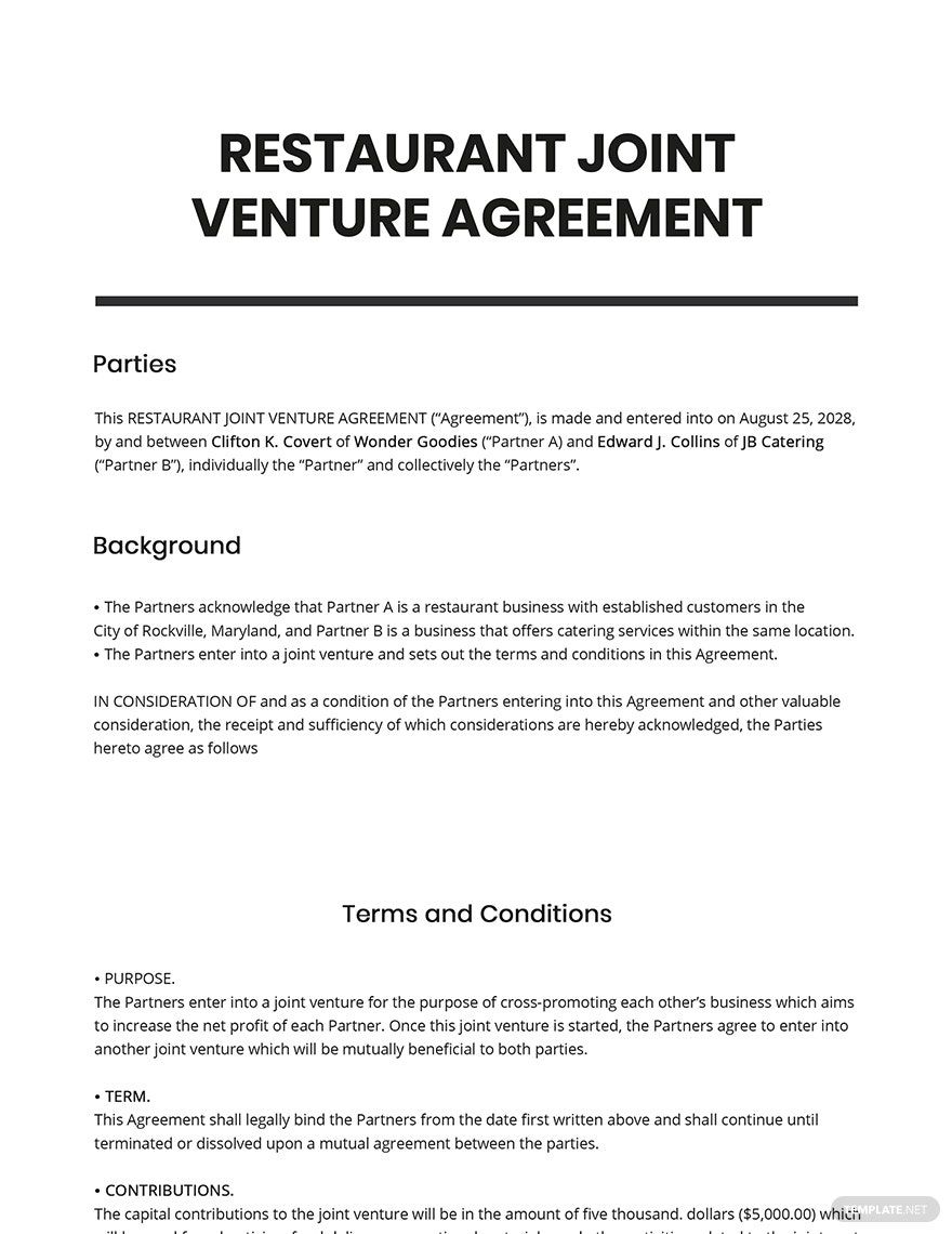 Restaurant Joint Venture Agreement Template