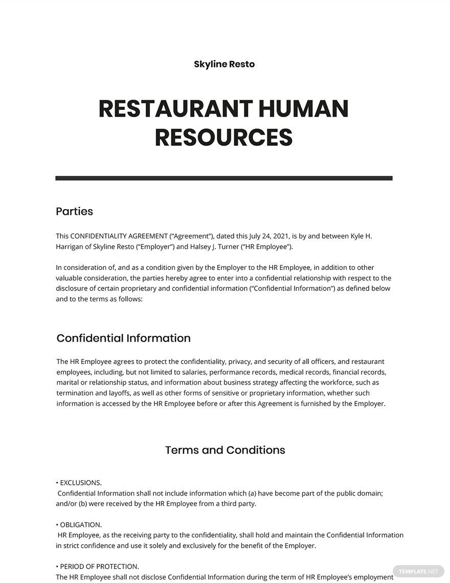 Restaurant Human Resources Confidentiality Agreement Template