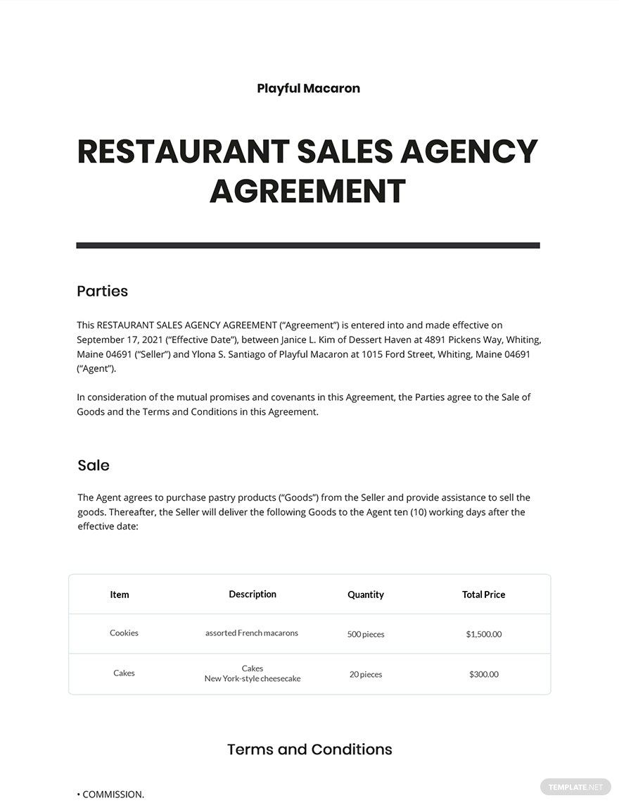 Restaurant Sales Agency Agreement Template