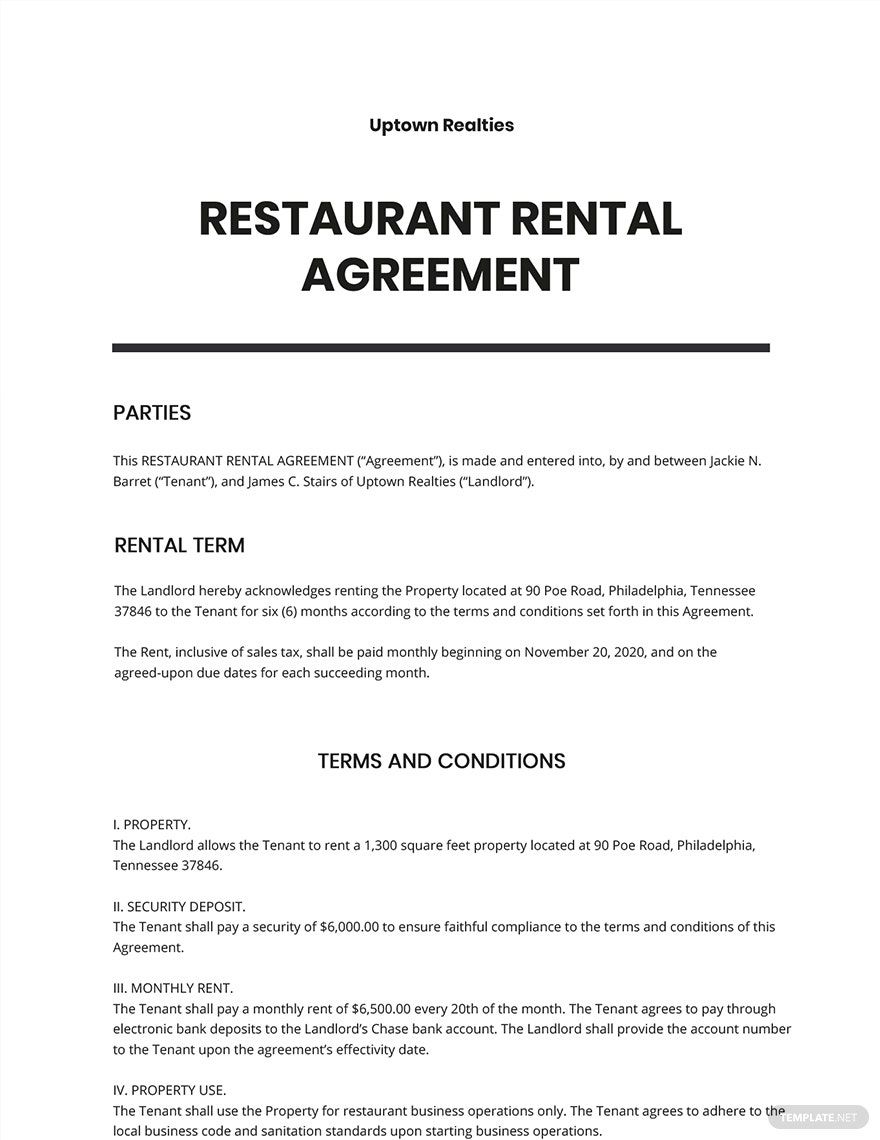 Restaurant Rental Agreement Template